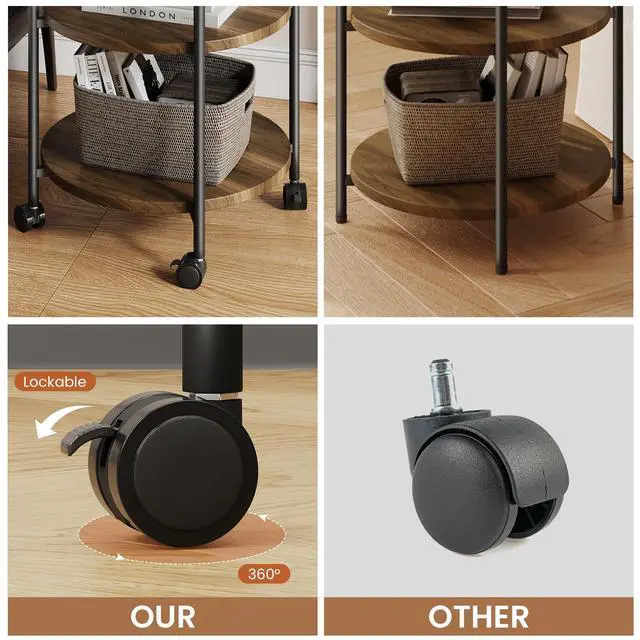 Alt view image 5 of 7 - Side Table, 3-Tier Modern End Table with Wheels, Small Round Nightstand Bedside Table for Living Room, Bedroom, or Small Spaces-Walnut