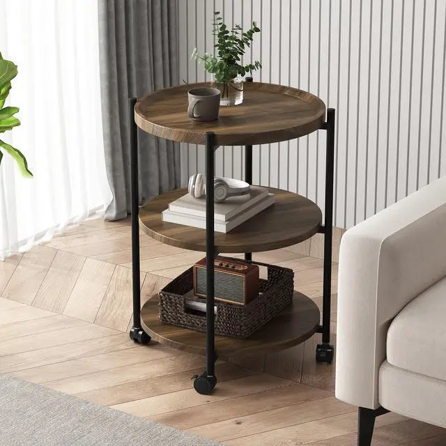 Alt view image 7 of 7 - Side Table, 3-Tier Modern End Table with Wheels, Small Round Nightstand Bedside Table for Living Room, Bedroom, or Small Spaces-Walnut