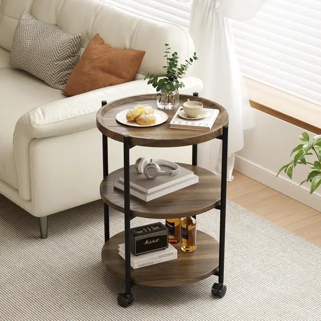 Alt view image 2 of 7 - Side Table, 3-Tier Modern End Table with Wheels, Small Round Nightstand Bedside Table for Living Room, Bedroom, or Small Spaces-Walnut
