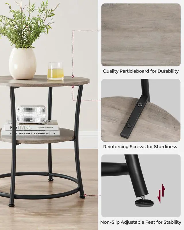 Alt view image 2 of 4 - Side Table, 2-Tier Round End Table, Nightstand with Steel Frame for Small Spaces, Living Room, Bedroom, Heather Greige and Ink Black