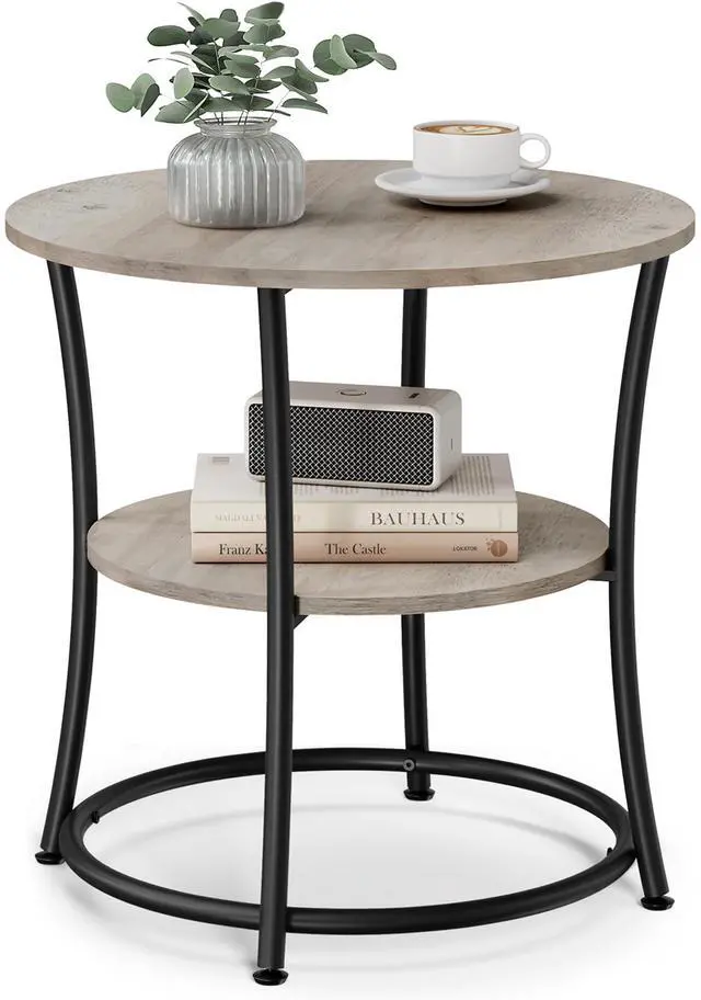 Main image of Side Table, 2-Tier Round End Table, Nightstand with Steel Frame for Small Spaces, Living Room, Bedroom, Heather Greige and Ink Black
