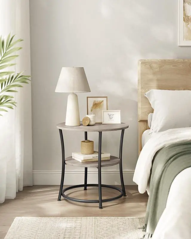 Alt view image 4 of 4 - Side Table, 2-Tier Round End Table, Nightstand with Steel Frame for Small Spaces, Living Room, Bedroom, Heather Greige and Ink Black