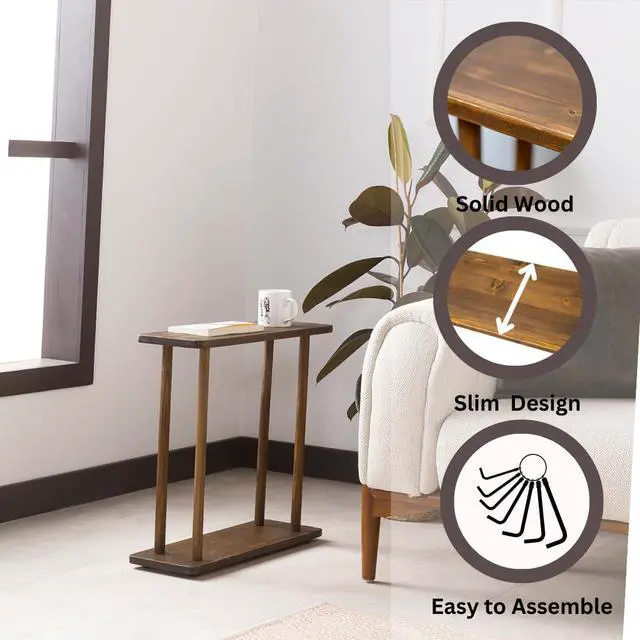 Alt view image 3 of 7 - Rectangular Solid Wood Narrow Side Table, Skinny Bedside Table, Small End Table (Dark Walnut, Large)