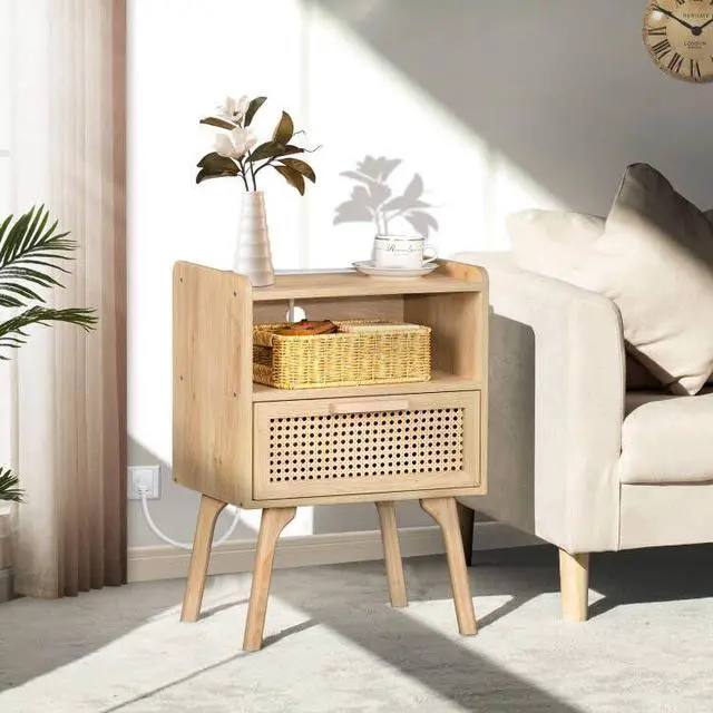 Alt view image 2 of 7 - Rattan Nightstands Set of 2 with Charging Station, Boho Side Table with Drawer Open Shelf, Cane Accent Bedside End Table with Solid Wood Legs for Bedroom, Dorm and Small Spaces (Natural)