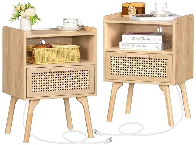 Main image of Rattan Nightstands Set of 2 with Charging Station, Boho Side Table with Drawer Open Shelf, Cane Accent Bedside End Table with Solid Wood Legs for Bedroom, Dorm and Small Spaces (Natural)