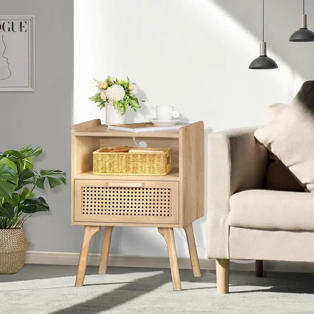 Alt view image 3 of 7 - Rattan Nightstands Set of 2 with Charging Station, Boho Side Table with Drawer Open Shelf, Cane Accent Bedside End Table with Solid Wood Legs for Bedroom, Dorm and Small Spaces (Natural)