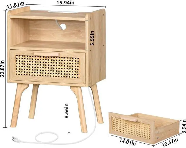 Alt view image 4 of 7 - Rattan Nightstands Set of 2 with Charging Station, Boho Side Table with Drawer Open Shelf, Cane Accent Bedside End Table with Solid Wood Legs for Bedroom, Dorm and Small Spaces (Natural)