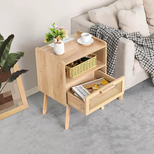 Alt view image 5 of 7 - Rattan Nightstands Set of 2 with Charging Station, Boho Side Table with Drawer Open Shelf, Cane Accent Bedside End Table with Solid Wood Legs for Bedroom, Dorm and Small Spaces (Natural)