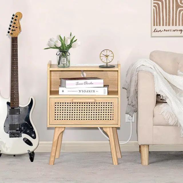 Alt view image 6 of 7 - Rattan Nightstands Set of 2 with Charging Station, Boho Side Table with Drawer Open Shelf, Cane Accent Bedside End Table with Solid Wood Legs for Bedroom, Dorm and Small Spaces (Natural)