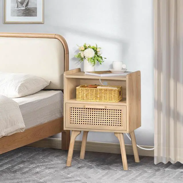 Alt view image 7 of 7 - Rattan Nightstands Set of 2 with Charging Station, Boho Side Table with Drawer Open Shelf, Cane Accent Bedside End Table with Solid Wood Legs for Bedroom, Dorm and Small Spaces (Natural)