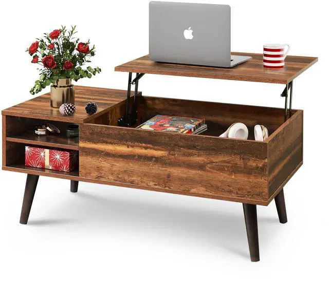 Main image of Lift Top Coffee Table for Living Room,Small Coffee Table with Storage, Adjustable Shelf and Storage Compartment, Mid Century Modern Living Room Table, Wood, Rustic Brown