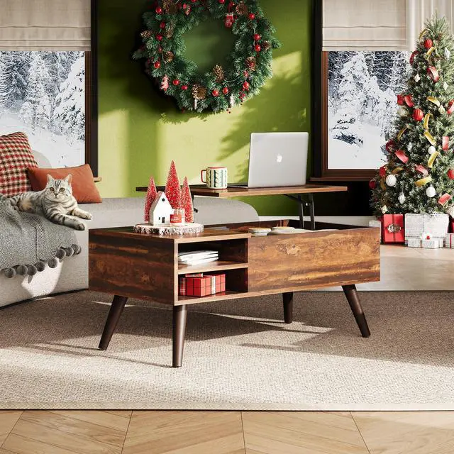Alt view image 2 of 7 - Lift Top Coffee Table for Living Room,Small Coffee Table with Storage, Adjustable Shelf and Storage Compartment, Mid Century Modern Living Room Table, Wood, Rustic Brown