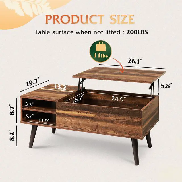 Alt view image 3 of 7 - Lift Top Coffee Table for Living Room,Small Coffee Table with Storage, Adjustable Shelf and Storage Compartment, Mid Century Modern Living Room Table, Wood, Rustic Brown