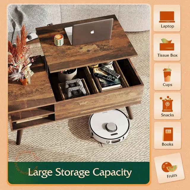 Alt view image 4 of 7 - Lift Top Coffee Table for Living Room,Small Coffee Table with Storage, Adjustable Shelf and Storage Compartment, Mid Century Modern Living Room Table, Wood, Rustic Brown
