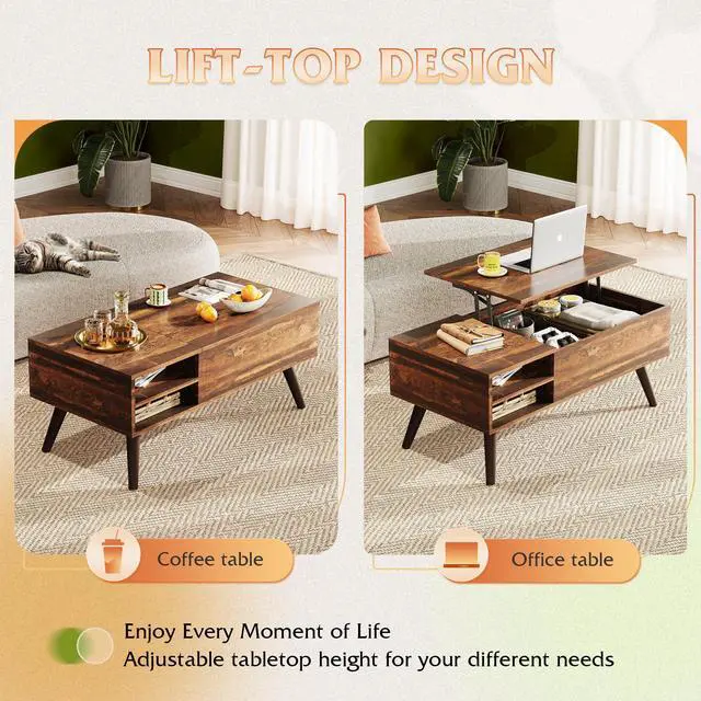 Alt view image 7 of 7 - Lift Top Coffee Table for Living Room,Small Coffee Table with Storage, Adjustable Shelf and Storage Compartment, Mid Century Modern Living Room Table, Wood, Rustic Brown
