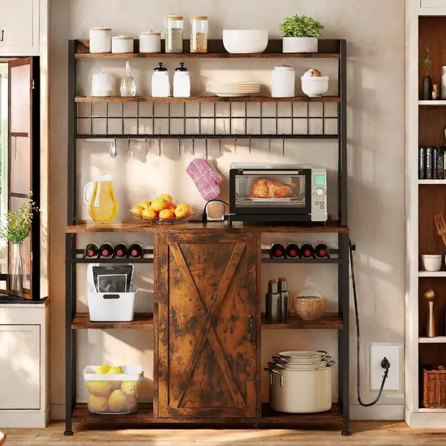 Alt view image 2 of 7 - Large Bakers Rack with Power Outlet and Storage Cabinet, 47 Inch Farmhouse Coffee Bar Cabinet, Kitchen Microwave Stand with Wine Shelves and 12 Hooks, Rustic Brown