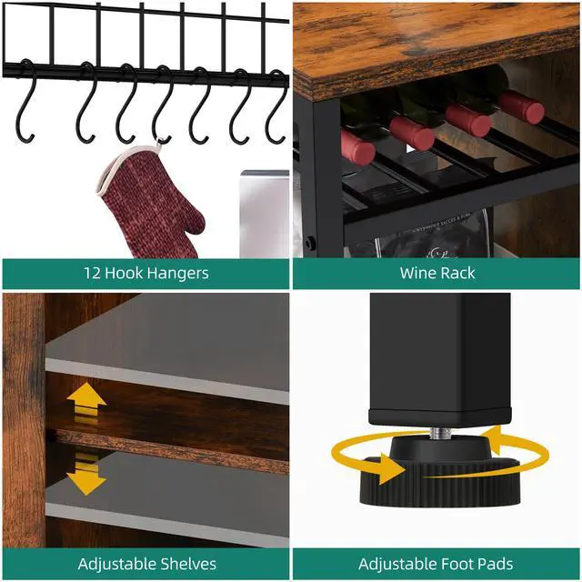 Alt view image 5 of 7 - Large Bakers Rack with Power Outlet and Storage Cabinet, 47 Inch Farmhouse Coffee Bar Cabinet, Kitchen Microwave Stand with Wine Shelves and 12 Hooks, Rustic Brown