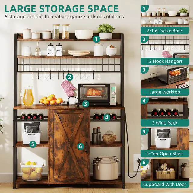 Alt view image 4 of 7 - Large Bakers Rack with Power Outlet and Storage Cabinet, 47 Inch Farmhouse Coffee Bar Cabinet, Kitchen Microwave Stand with Wine Shelves and 12 Hooks, Rustic Brown