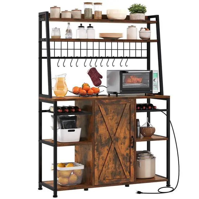 Alt view image 7 of 7 - Large Bakers Rack with Power Outlet and Storage Cabinet, 47 Inch Farmhouse Coffee Bar Cabinet, Kitchen Microwave Stand with Wine Shelves and 12 Hooks, Rustic Brown