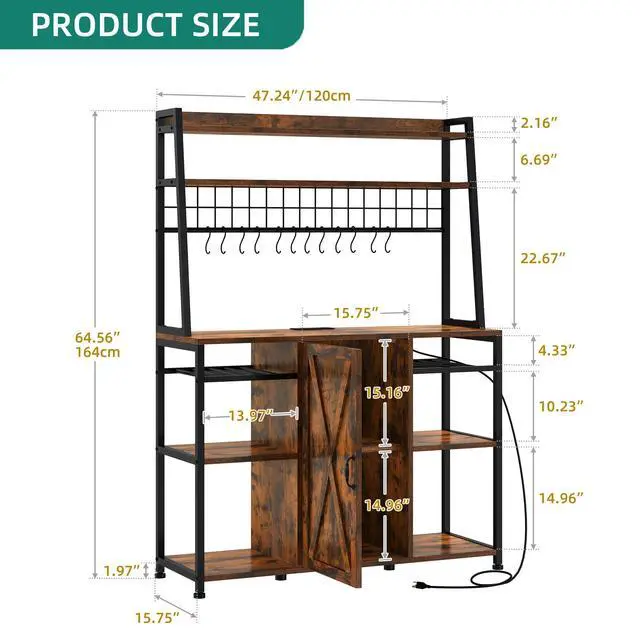 Alt view image 6 of 7 - Large Bakers Rack with Power Outlet and Storage Cabinet, 47 Inch Farmhouse Coffee Bar Cabinet, Kitchen Microwave Stand with Wine Shelves and 12 Hooks, Rustic Brown