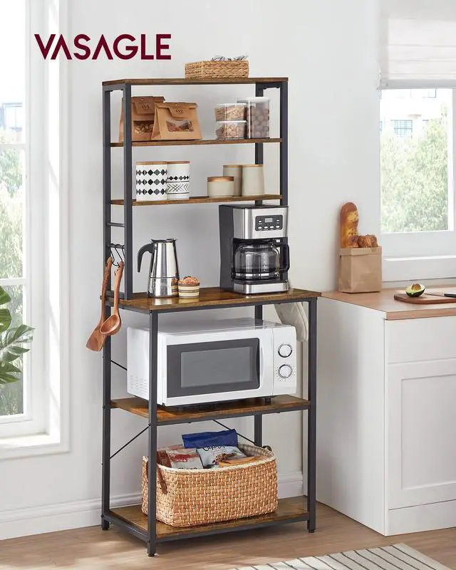Alt view image 2 of 7 - Coffee Bar, Bakers Rack for Kitchen with Storage, 6-Tier Kitchen Shelves with 6 Hooks, Microwave Stand, Industrial, 15.7 x 23.6 x 65.7 Inches, Rustic Brown and Black