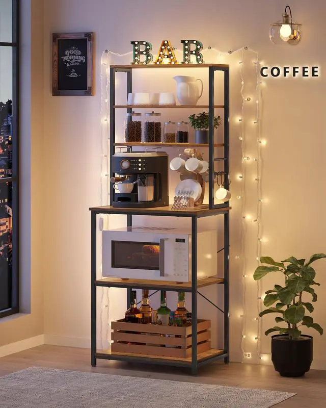 Alt view image 3 of 7 - Coffee Bar, Bakers Rack for Kitchen with Storage, 6-Tier Kitchen Shelves with 6 Hooks, Microwave Stand, Industrial, 15.7 x 23.6 x 65.7 Inches, Rustic Brown and Black