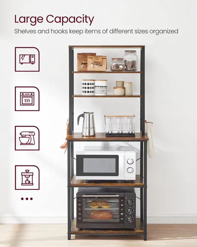 Alt view image 4 of 7 - Coffee Bar, Bakers Rack for Kitchen with Storage, 6-Tier Kitchen Shelves with 6 Hooks, Microwave Stand, Industrial, 15.7 x 23.6 x 65.7 Inches, Rustic Brown and Black