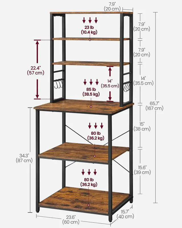 Alt view image 5 of 7 - Coffee Bar, Bakers Rack for Kitchen with Storage, 6-Tier Kitchen Shelves with 6 Hooks, Microwave Stand, Industrial, 15.7 x 23.6 x 65.7 Inches, Rustic Brown and Black