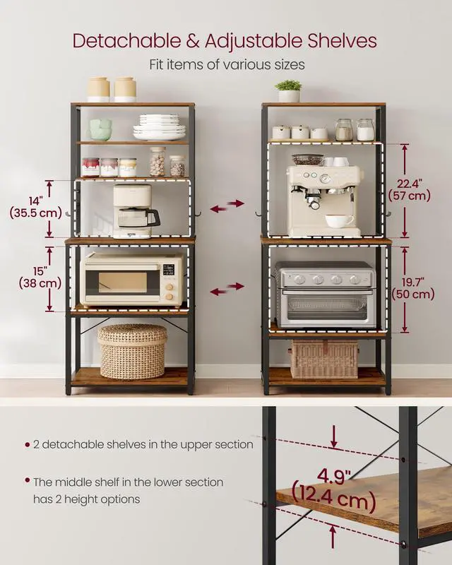 Alt view image 6 of 7 - Coffee Bar, Bakers Rack for Kitchen with Storage, 6-Tier Kitchen Shelves with 6 Hooks, Microwave Stand, Industrial, 15.7 x 23.6 x 65.7 Inches, Rustic Brown and Black