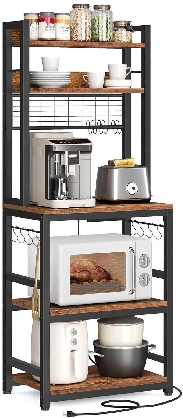 Main image of Hutch Bakers Rack with Power Outlet, 14 Hooks Microwave Stand, Adjustable Coffee Bar with Metal Wire Panel, Kitchen Storage Shelf, 15.7 x 23.6 x 66.9 Inches, Rustic Brown and Black