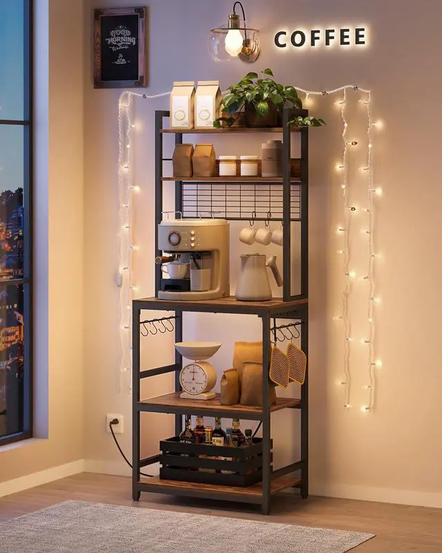 Alt view image 2 of 7 - Hutch Bakers Rack with Power Outlet, 14 Hooks Microwave Stand, Adjustable Coffee Bar with Metal Wire Panel, Kitchen Storage Shelf, 15.7 x 23.6 x 66.9 Inches, Rustic Brown and Black