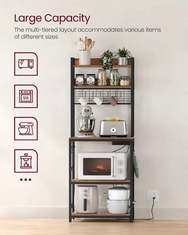 Alt view image 3 of 7 - Hutch Bakers Rack with Power Outlet, 14 Hooks Microwave Stand, Adjustable Coffee Bar with Metal Wire Panel, Kitchen Storage Shelf, 15.7 x 23.6 x 66.9 Inches, Rustic Brown and Black