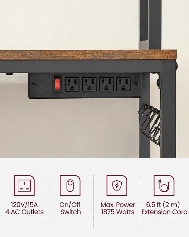 Alt view image 4 of 7 - Hutch Bakers Rack with Power Outlet, 14 Hooks Microwave Stand, Adjustable Coffee Bar with Metal Wire Panel, Kitchen Storage Shelf, 15.7 x 23.6 x 66.9 Inches, Rustic Brown and Black