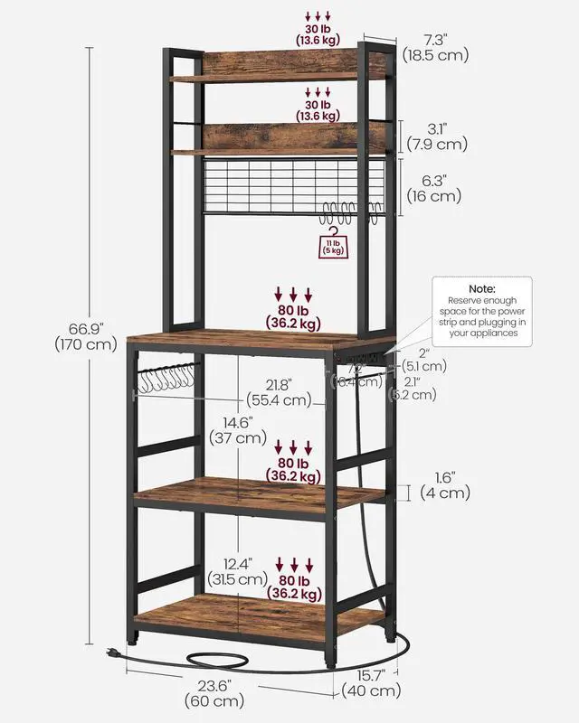 Alt view image 5 of 7 - Hutch Bakers Rack with Power Outlet, 14 Hooks Microwave Stand, Adjustable Coffee Bar with Metal Wire Panel, Kitchen Storage Shelf, 15.7 x 23.6 x 66.9 Inches, Rustic Brown and Black