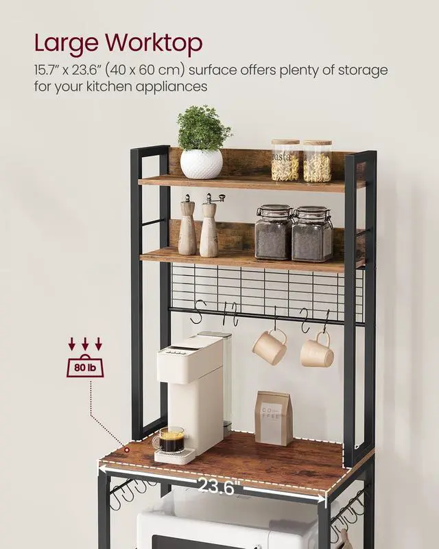 Alt view image 6 of 7 - Hutch Bakers Rack with Power Outlet, 14 Hooks Microwave Stand, Adjustable Coffee Bar with Metal Wire Panel, Kitchen Storage Shelf, 15.7 x 23.6 x 66.9 Inches, Rustic Brown and Black
