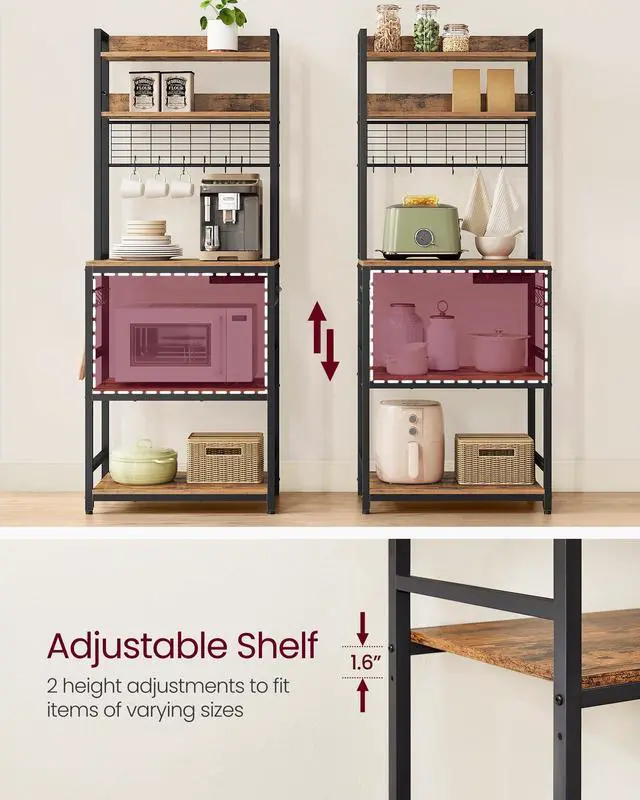 Alt view image 7 of 7 - Hutch Bakers Rack with Power Outlet, 14 Hooks Microwave Stand, Adjustable Coffee Bar with Metal Wire Panel, Kitchen Storage Shelf, 15.7 x 23.6 x 66.9 Inches, Rustic Brown and Black