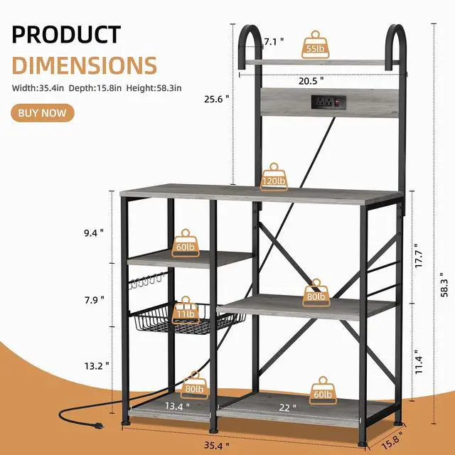 Alt view image 2 of 7 - Kitchen Bakers Rack with Power Outlet, Multifunctional Organizer & Storage with 6 Hooks, Microwave Oven Stand, and Coffee Station Shelf, Grey
