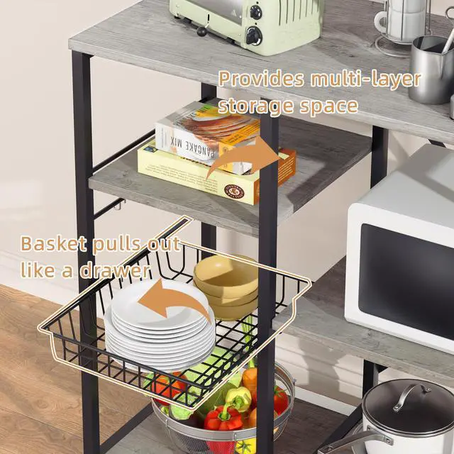 Alt view image 5 of 7 - Kitchen Bakers Rack with Power Outlet, Multifunctional Organizer & Storage with 6 Hooks, Microwave Oven Stand, and Coffee Station Shelf, Grey