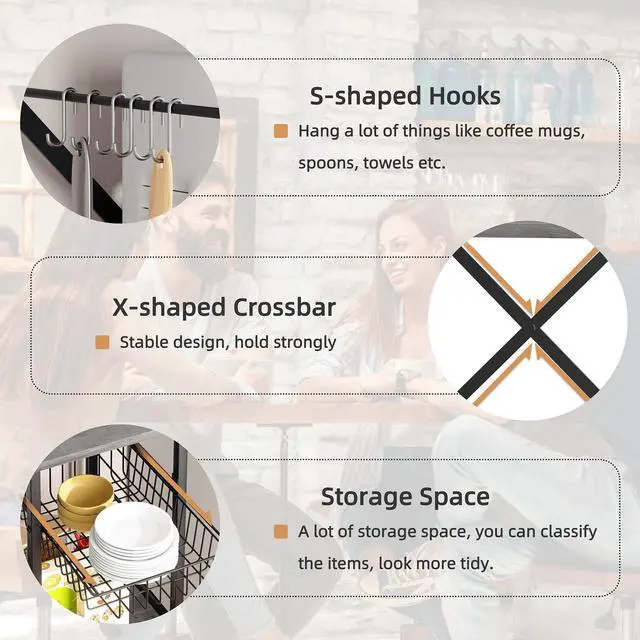 Alt view image 4 of 7 - Kitchen Bakers Rack with Power Outlet, Multifunctional Organizer & Storage with 6 Hooks, Microwave Oven Stand, and Coffee Station Shelf, Grey
