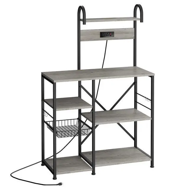 Alt view image 6 of 7 - Kitchen Bakers Rack with Power Outlet, Multifunctional Organizer & Storage with 6 Hooks, Microwave Oven Stand, and Coffee Station Shelf, Grey