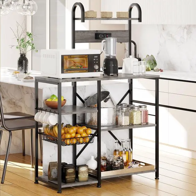 Main image of Kitchen Bakers Rack with Power Outlet, Multifunctional Organizer & Storage with 6 Hooks, Microwave Oven Stand, and Coffee Station Shelf, Grey
