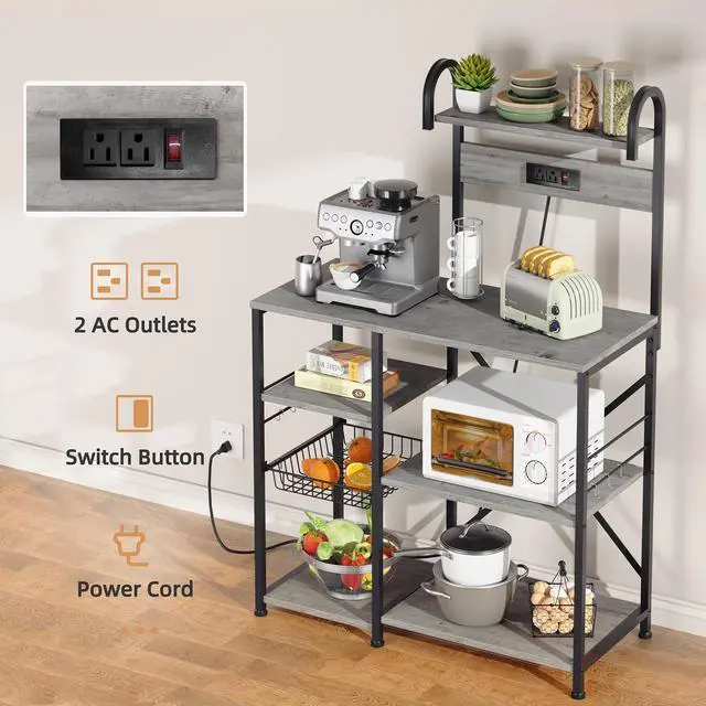Alt view image 3 of 7 - Kitchen Bakers Rack with Power Outlet, Multifunctional Organizer & Storage with 6 Hooks, Microwave Oven Stand, and Coffee Station Shelf, Grey