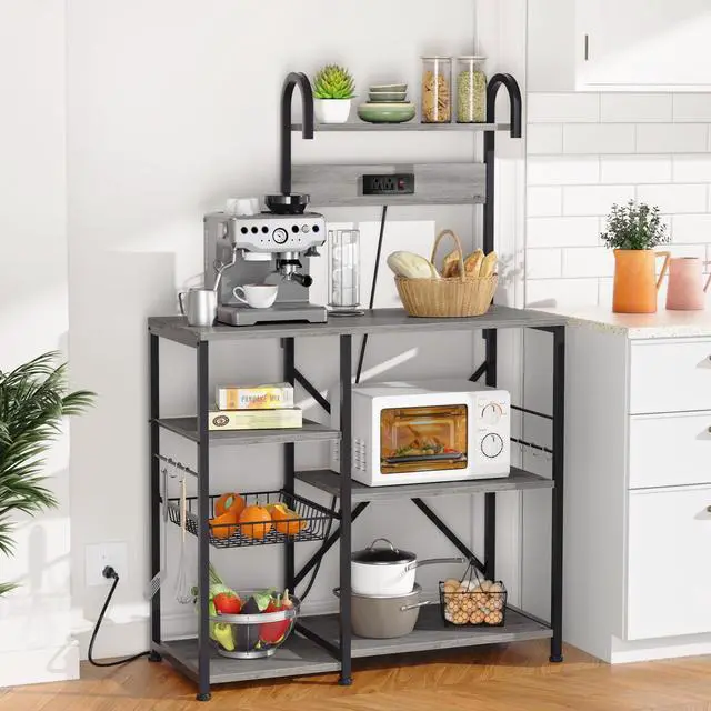 Alt view image 7 of 7 - Kitchen Bakers Rack with Power Outlet, Multifunctional Organizer & Storage with 6 Hooks, Microwave Oven Stand, and Coffee Station Shelf, Grey
