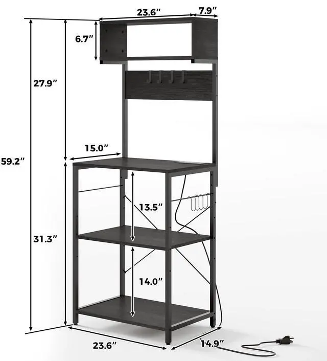 Alt view image 2 of 7 - Bakers Rack With Power Outlet,Small Coffee Bar Cart,Microwave Stand With 10 Hooks,4 Tiers Kitchen Storage Shelf Rack for Spices, Pots, Appliance Organizer,Black
