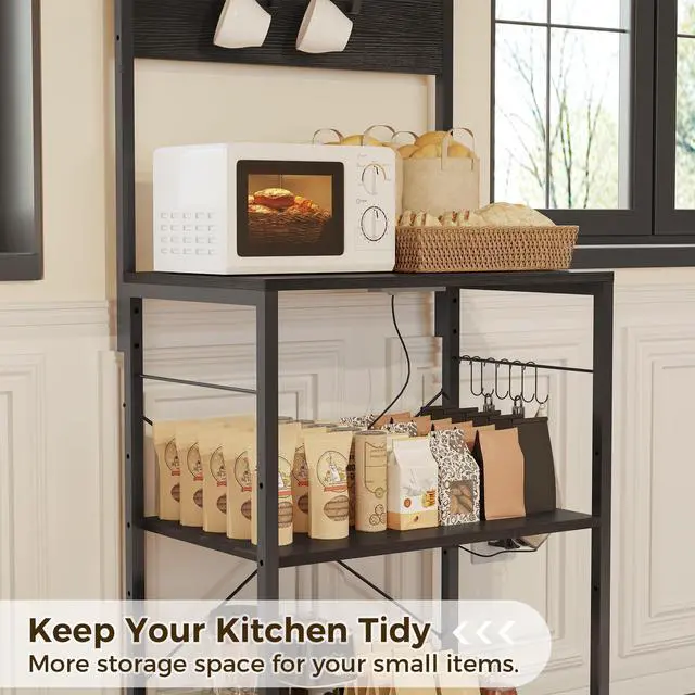 Alt view image 4 of 7 - Bakers Rack With Power Outlet,Small Coffee Bar Cart,Microwave Stand With 10 Hooks,4 Tiers Kitchen Storage Shelf Rack for Spices, Pots, Appliance Organizer,Black
