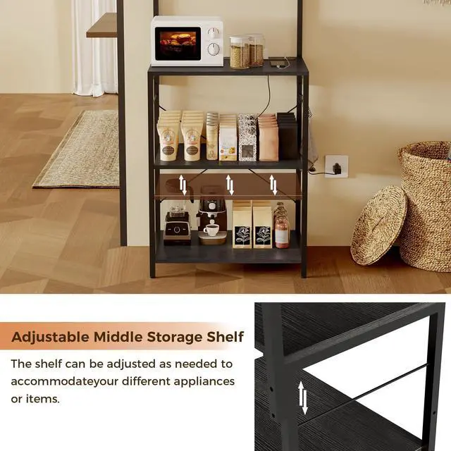 Alt view image 5 of 7 - Bakers Rack With Power Outlet,Small Coffee Bar Cart,Microwave Stand With 10 Hooks,4 Tiers Kitchen Storage Shelf Rack for Spices, Pots, Appliance Organizer,Black