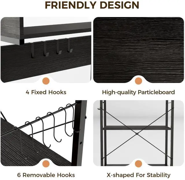Alt view image 6 of 7 - Bakers Rack With Power Outlet,Small Coffee Bar Cart,Microwave Stand With 10 Hooks,4 Tiers Kitchen Storage Shelf Rack for Spices, Pots, Appliance Organizer,Black