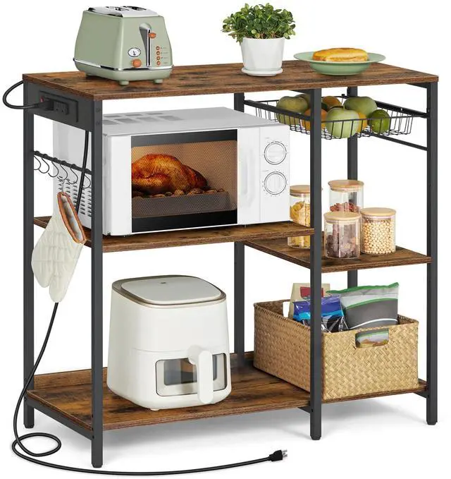 Main image of Baker's Rack, Coffee Bar Stand with Charging Station, Storage Shelves, Pull-Out Wire Basket, Table for Microwave, Kitchen, Rustic Brown UKKS036K01, 15.7 x 35.4 x 35.6 Inches