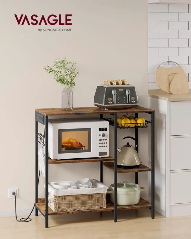 Alt view image 2 of 7 - Baker's Rack, Coffee Bar Stand with Charging Station, Storage Shelves, Pull-Out Wire Basket, Table for Microwave, Kitchen, Rustic Brown UKKS036K01, 15.7 x 35.4 x 35.6 Inches