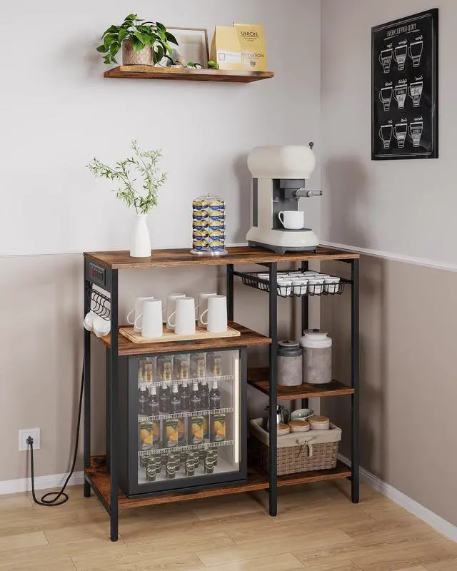 Alt view image 3 of 7 - Baker's Rack, Coffee Bar Stand with Charging Station, Storage Shelves, Pull-Out Wire Basket, Table for Microwave, Kitchen, Rustic Brown UKKS036K01, 15.7 x 35.4 x 35.6 Inches